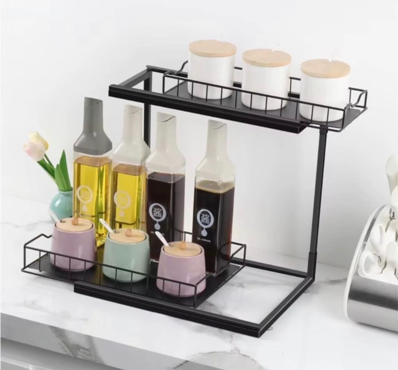 Downtown 2 Tier Under Sink Organizer Rack, Storage Shelf for Bathroom Kitchen Cabinet Cleaning Supplies Toiletries and Household Items