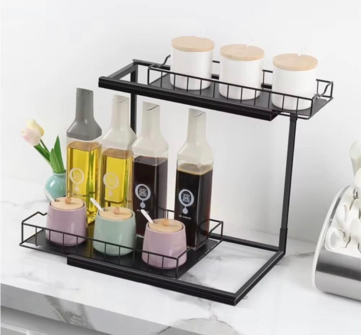 Downtown 2 Tier Under Sink Organizer Rack, Storage Shelf for Bathroom Kitchen Cabinet Cleaning Supplies Toiletries and Household Items