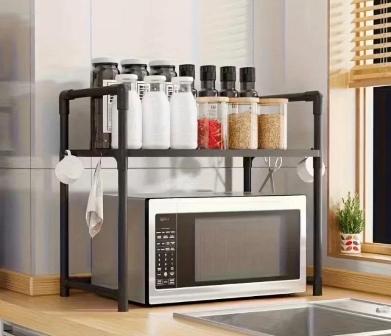 Downtown Microwave Oven Storage Rack 2 Tier, Kitchen Organizer Shelf for Countertop Appliances Spices Plates Cookware and Kitchen Tools