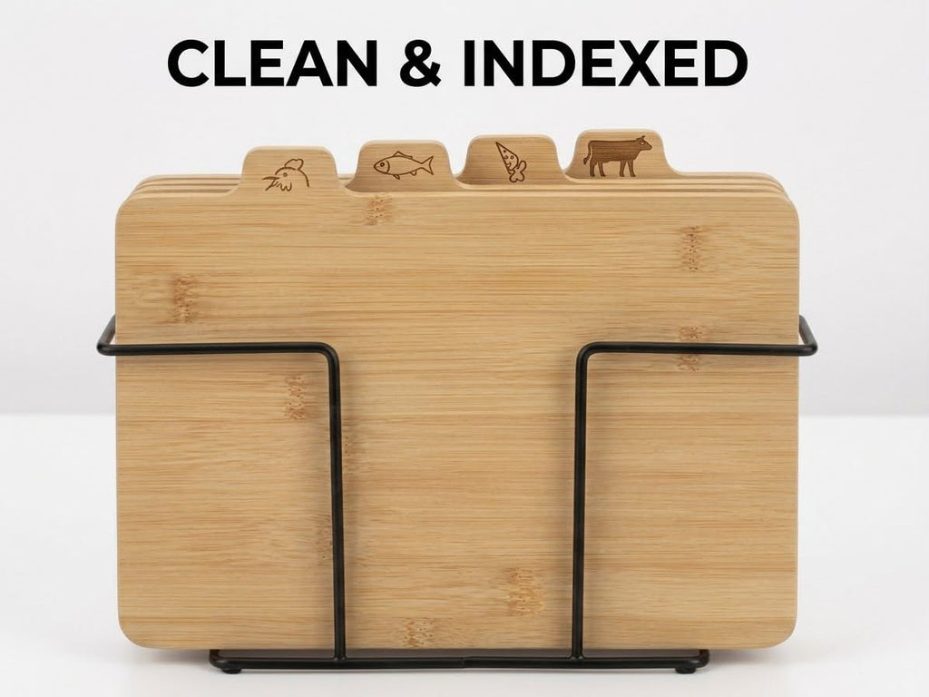 Downtown Bamboo Cutting Board Set, 4 Pieces with Metal Stand