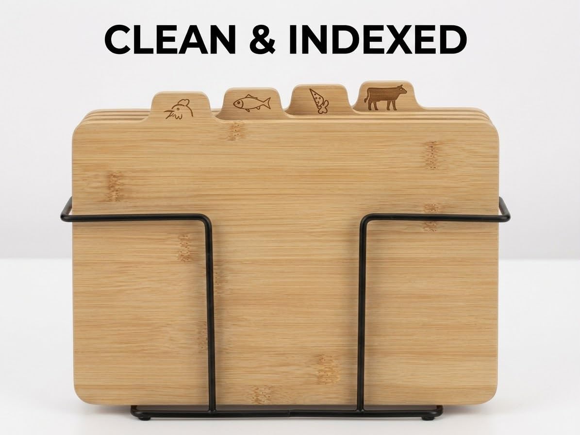 Downtown Bamboo Cutting Board Set, 4 Pieces with Metal Stand