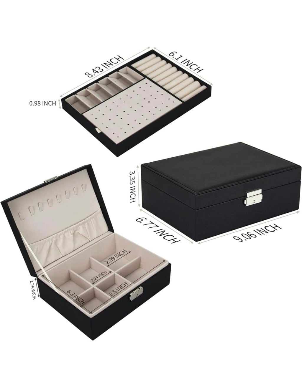 Downtown Black Leather Jewelry Box Organizer with Lock,2-Layer Removable Display Storage Travel Case