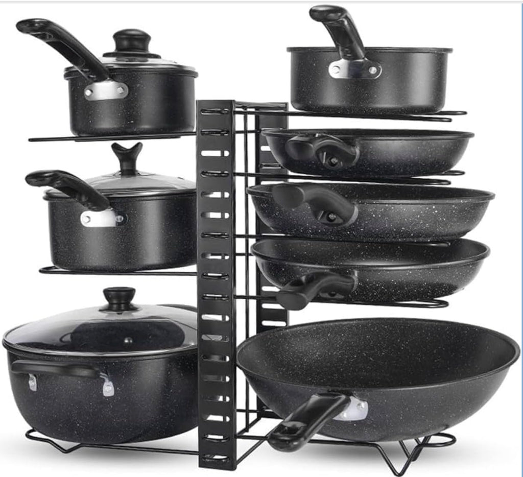 Downtown Adjustable Pot and Pan Organizer Rack Multi Tier Kitchen Cookware Holder for Cabinets Countertops or Upright Storage