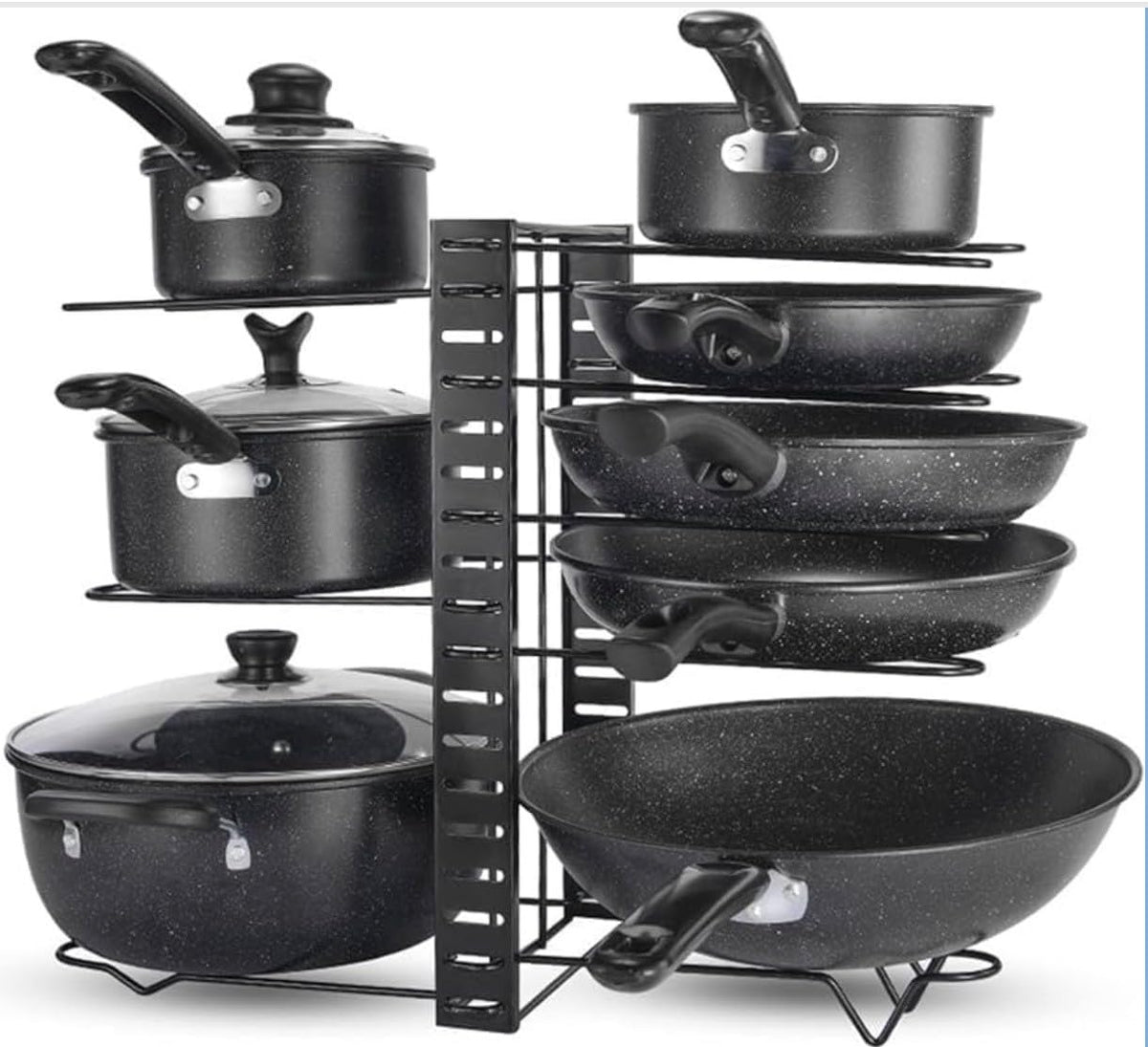 Downtown Adjustable Pot and Pan Organizer Rack Multi Tier Kitchen Cookware Holder for Cabinets Countertops or Upright Storage