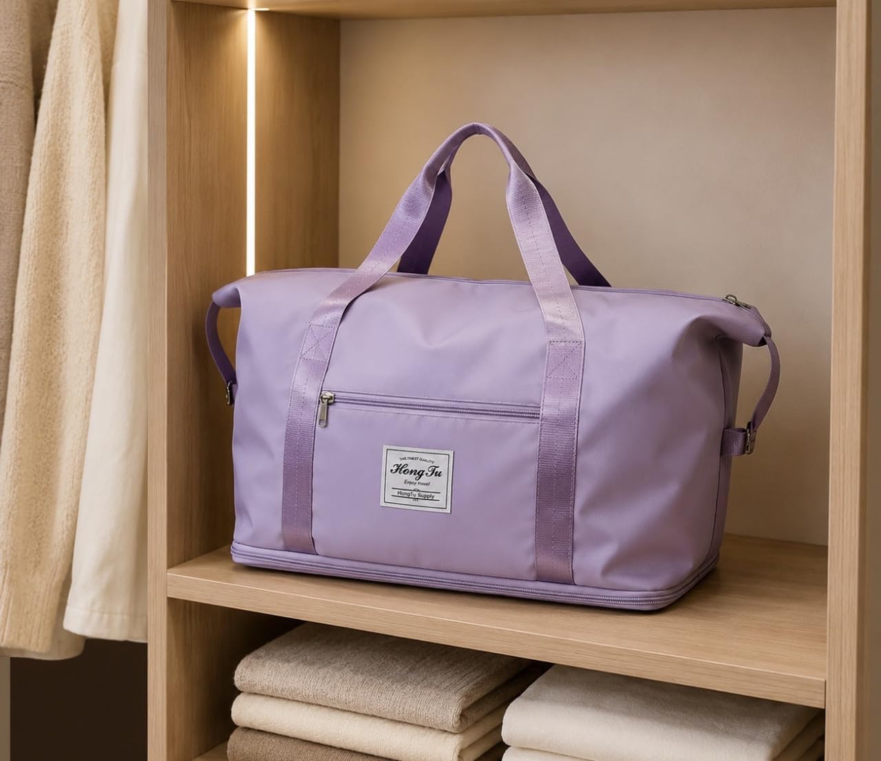 Downtown Purple Foldable Travel Duffel Bag, Large Capacity Weekend Tote, Lightweight Carry Bag for Luggage, Gym, Trips and Daily Travel Use