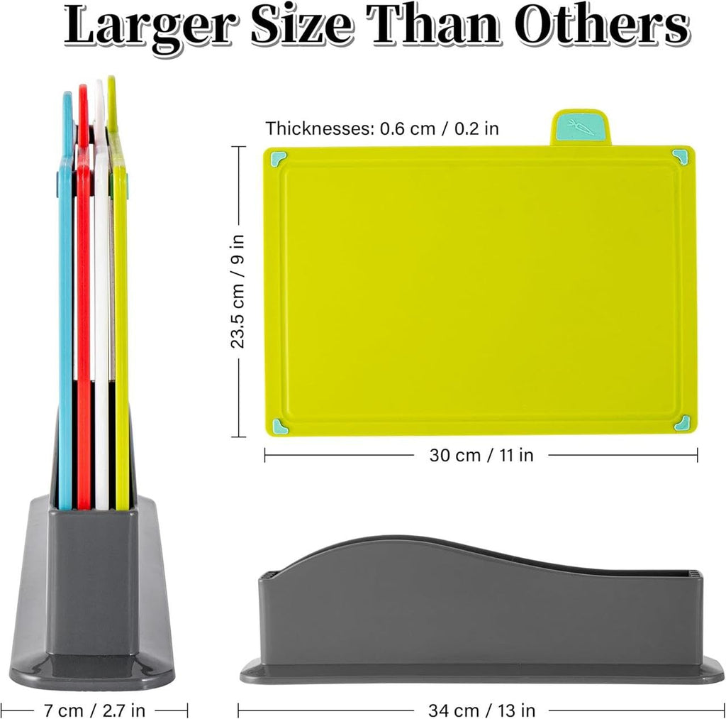 Downtown Color Coded Flexible Cutting Board Set with Storage Stand, 4 Piece Kitchen Boards for Meat Fish Vegetables and Bread