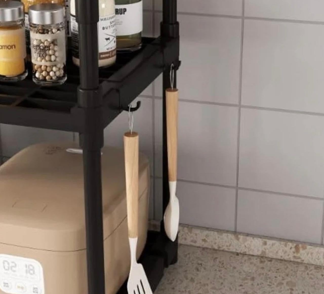 Downtown Microwave Oven Storage Rack 2 Tier, Kitchen Organizer Shelf for Countertop Appliances Spices Plates Cookware and Kitchen Tools