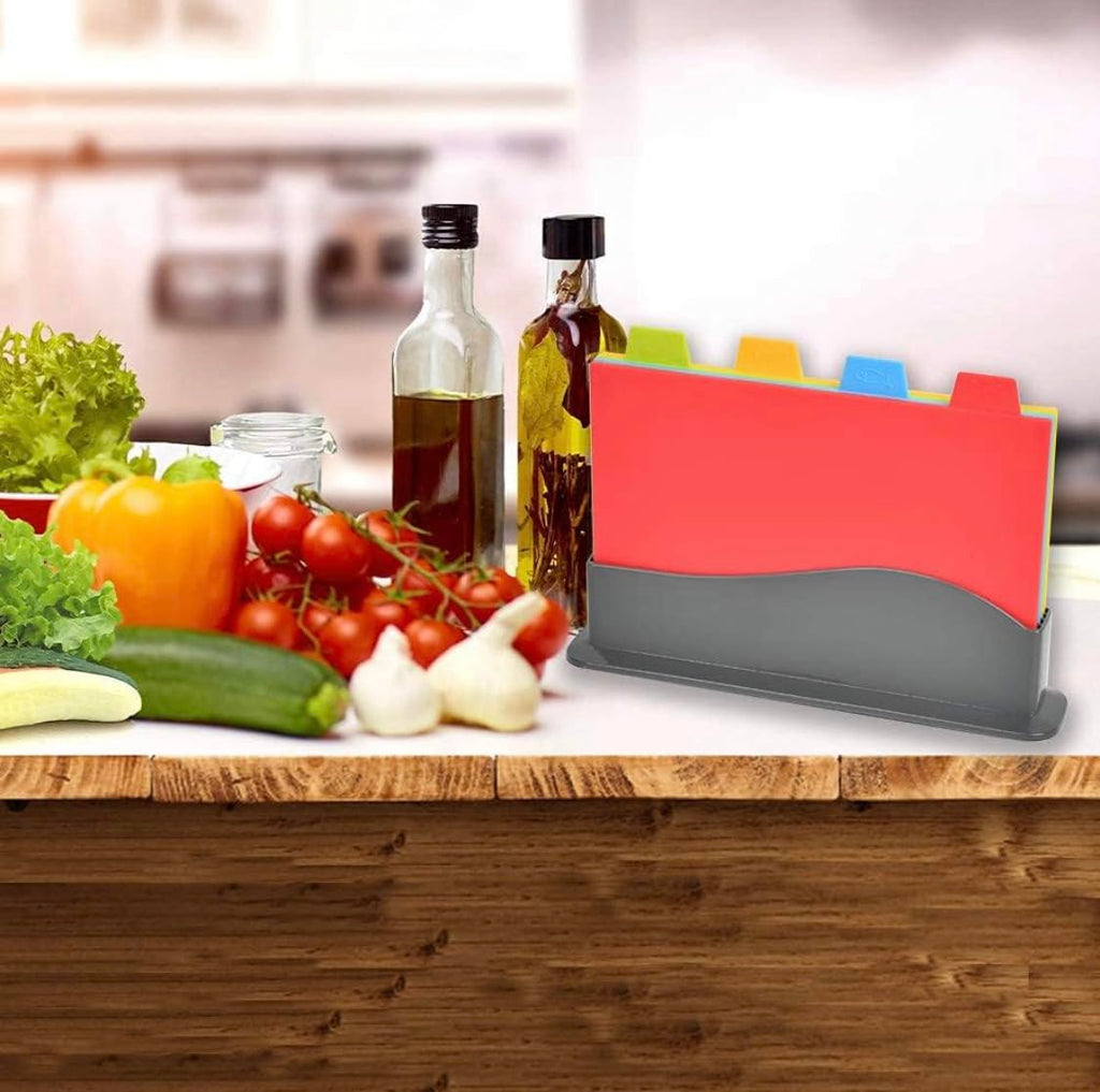 Downtown Set 4 Cutting Boards PP, each has logo poultry, meat, fish and vegetables storage rack (multicoloured)