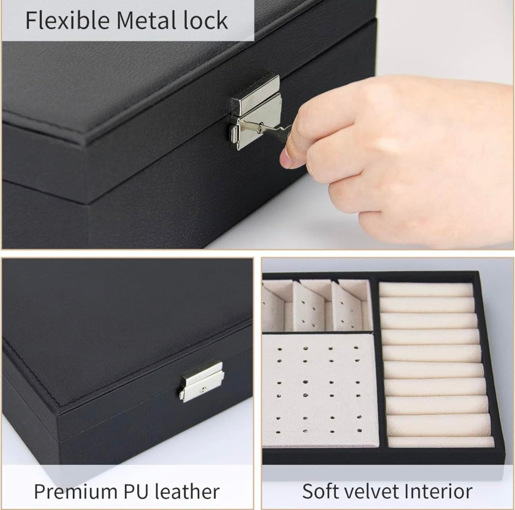 Downtown Black Leather Jewelry Box Organizer with Lock,2-Layer Removable Display Storage Travel Case
