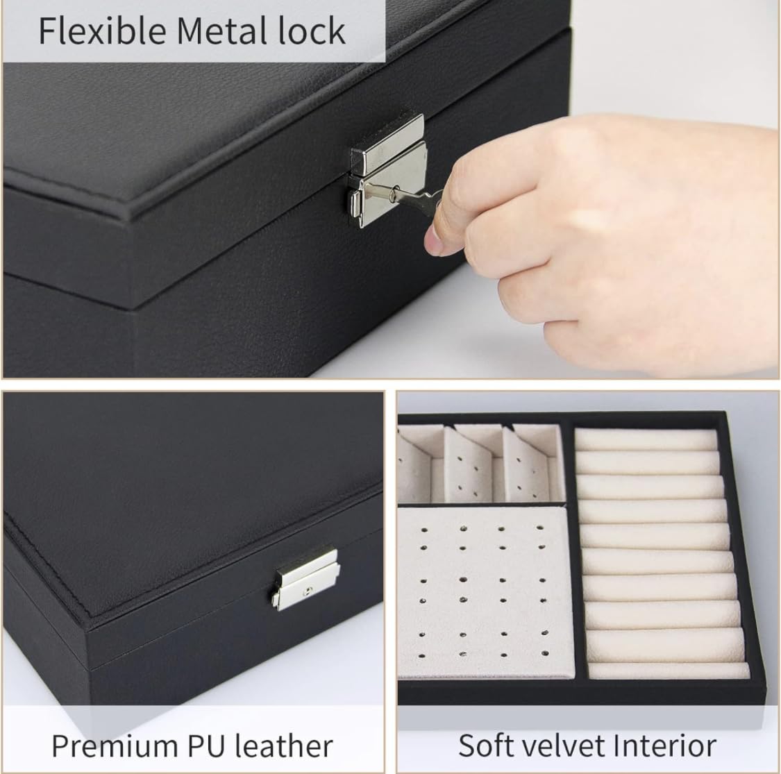 Downtown Black Leather Jewelry Box Organizer with Lock,2-Layer Removable Display Storage Travel Case