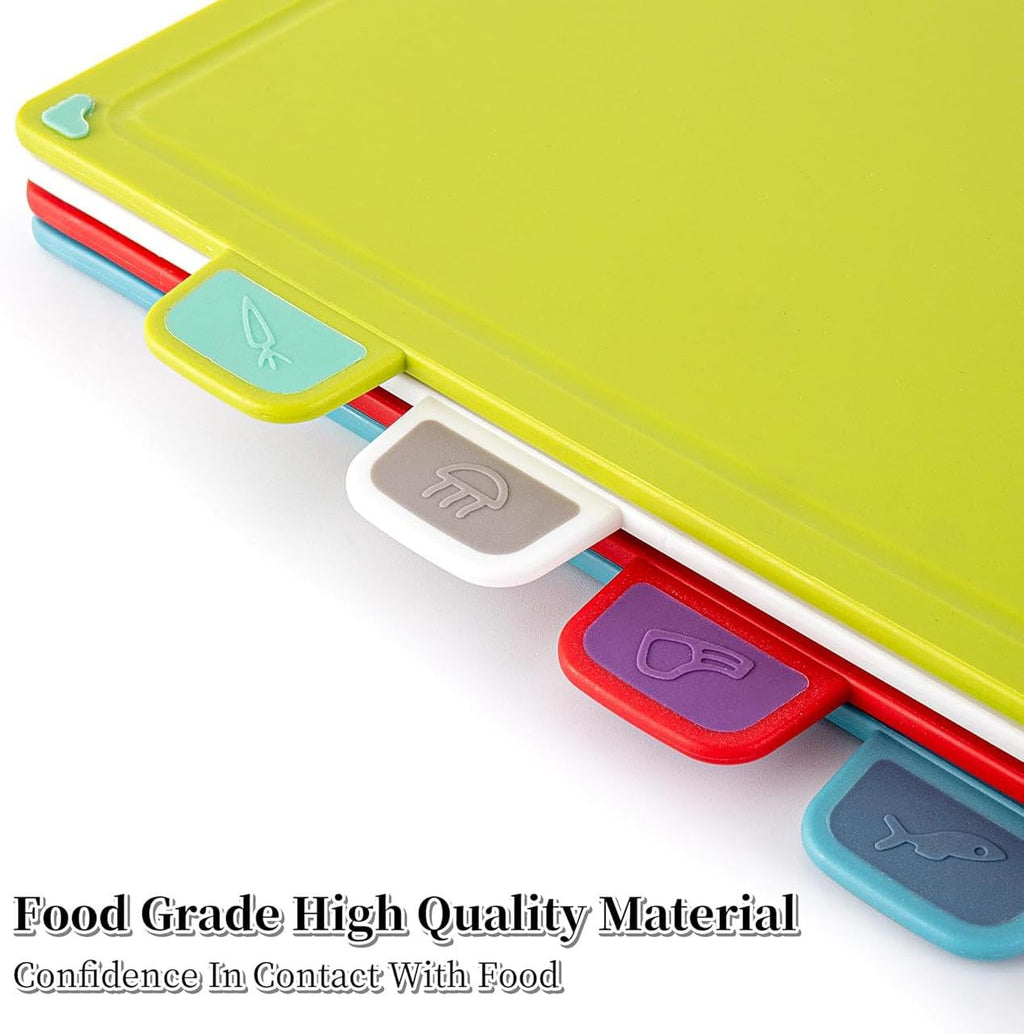 Downtown Color Coded Flexible Cutting Board Set with Storage Stand, 4 Piece Kitchen Boards for Meat Fish Vegetables and Bread