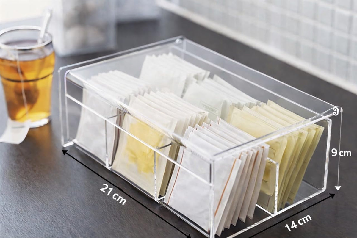 Downtown Acrylic Tea Bag Organizer Box with Lid 4 Compartment Clear Storage Container for Tea Bags Sugar Packets Coffee Pods Kitchen Counter Organizer