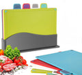 Downtown Color Coded Flexible Cutting Board Set with Storage Stand, 4 Piece Kitchen Boards for Meat Fish Vegetables and Bread