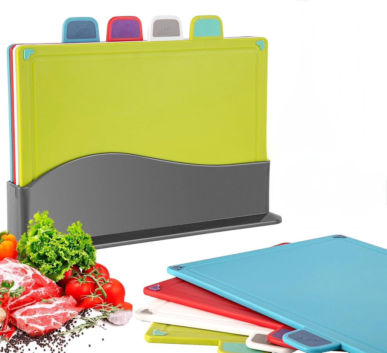 Downtown Color Coded Flexible Cutting Board Set with Storage Stand, 4 Piece Kitchen Boards for Meat Fish Vegetables and Bread