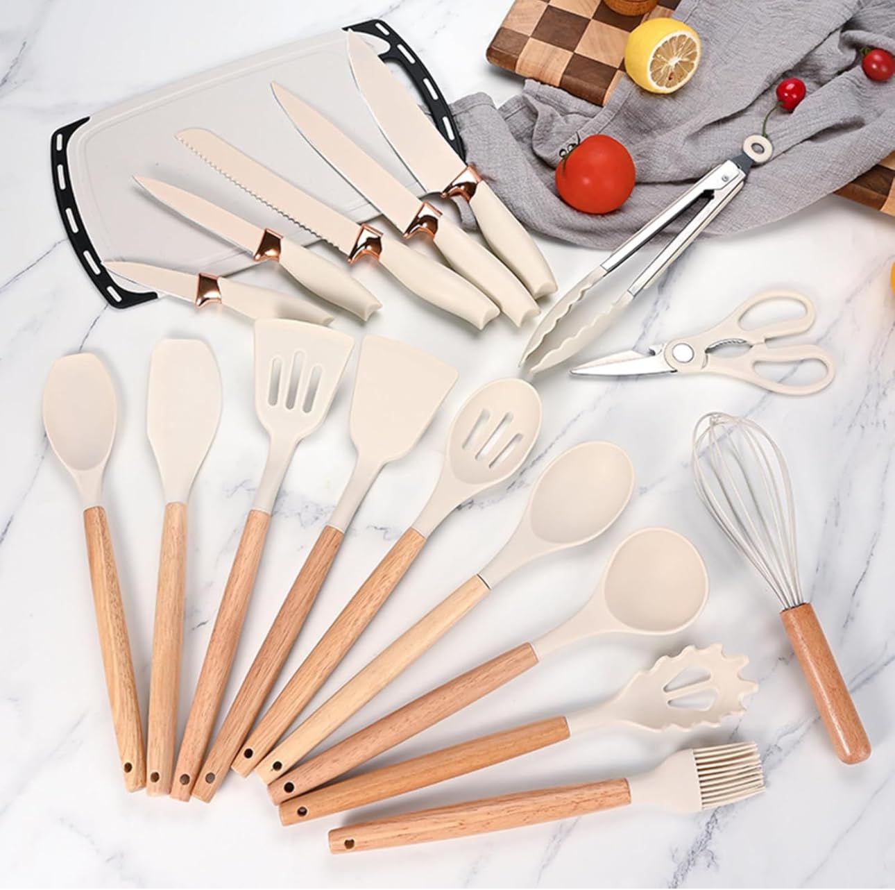 Downtown 19-Piece Kitchen Utensil Set with Knives, Scissors, Whisk, Tongs, Cutting Board and Holders, Black