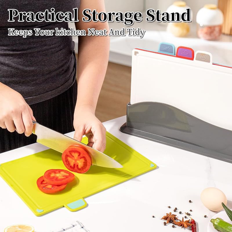 Downtown Color Coded Flexible Cutting Board Set with Storage Stand, 4 Piece Kitchen Boards for Meat Fish Vegetables and Bread