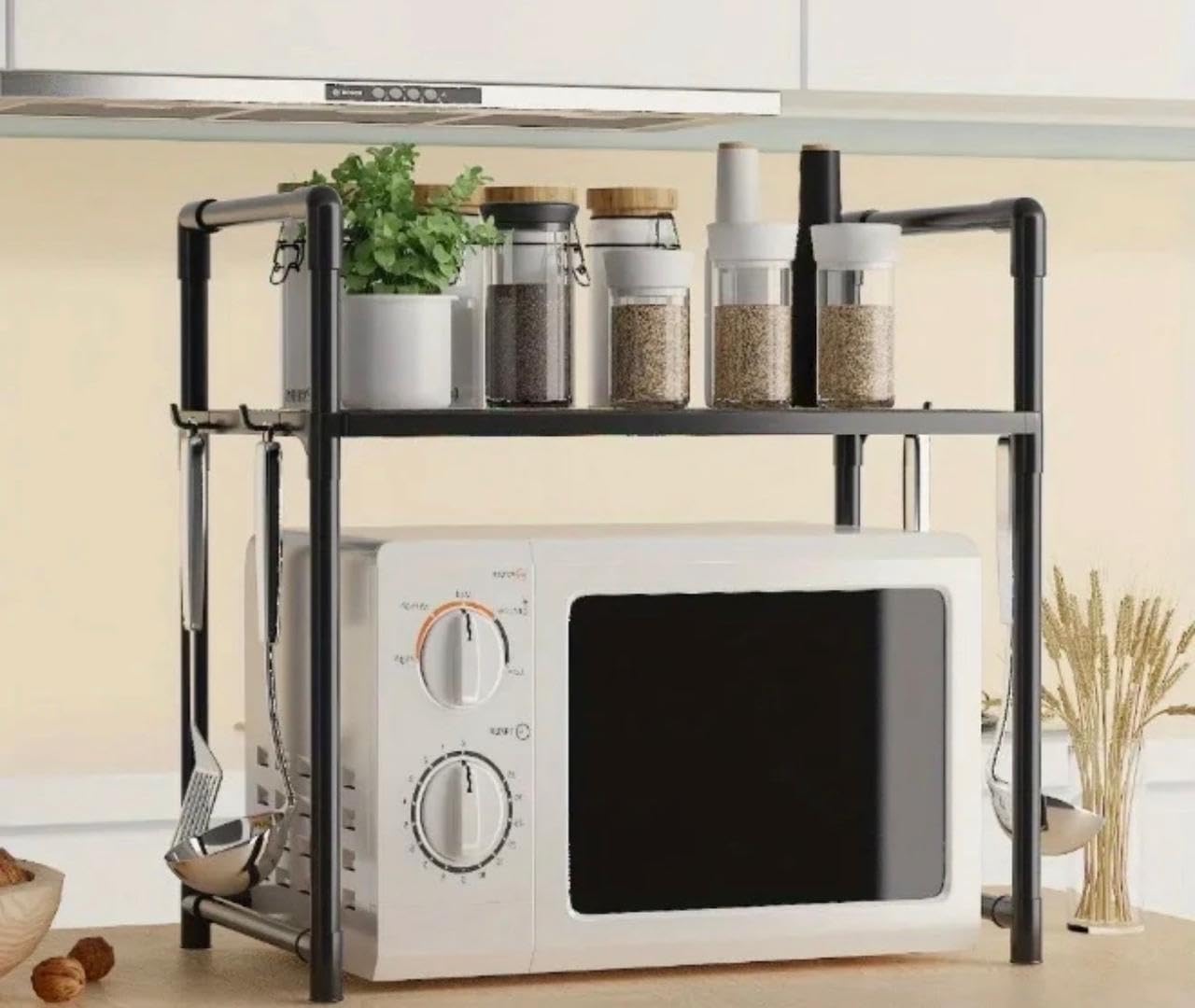Downtown Microwave Oven Storage Rack 2 Tier, Kitchen Organizer Shelf for Countertop Appliances Spices Plates Cookware and Kitchen Tools