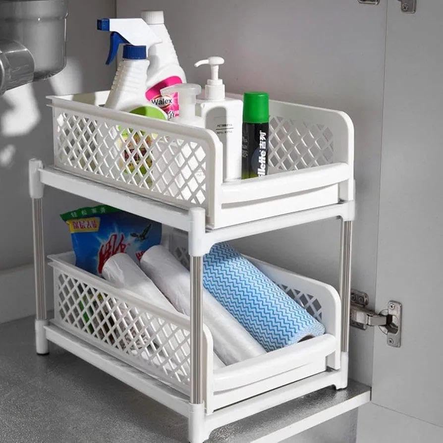 Downtown 2 Tier Sliding Basket Organizer Under Sink Storage Rack and Pull Out Cabinet Drawer for Kitchen and Bathroom White