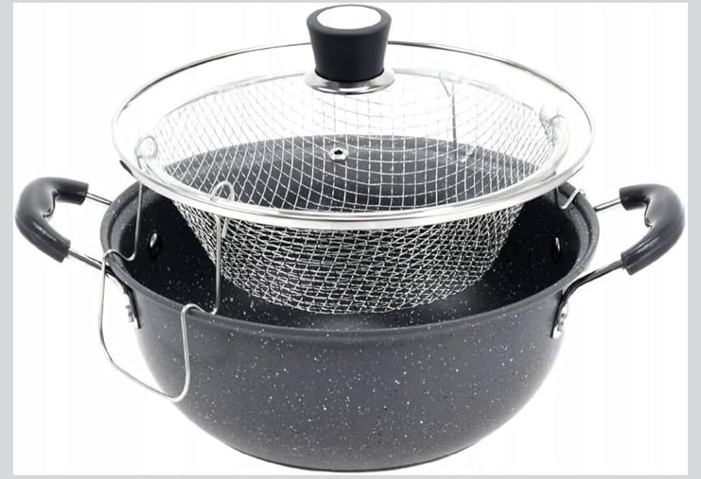 DOWNTOWN Deep Frying Pot with Basket & Glass Lid – Non-Stick Cooking Pot for Frying, Boiling & Steaming