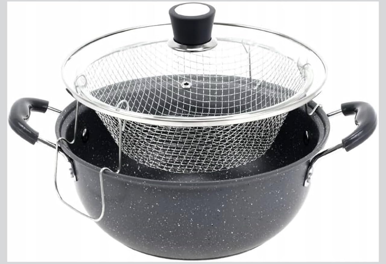 DOWNTOWN Deep Frying Pot with Basket & Glass Lid – Non-Stick Cooking Pot for Frying, Boiling & Steaming