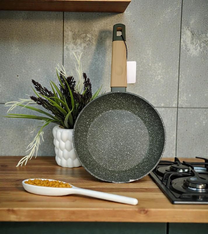 DOWNTOWN Nonstick Granite Frying Pan – Induction Base & Wood-Look Handle, Scratch-Resistant Stone Coating Skillet for Daily Cooking, Easy Clean, PFOA-Free-Granite