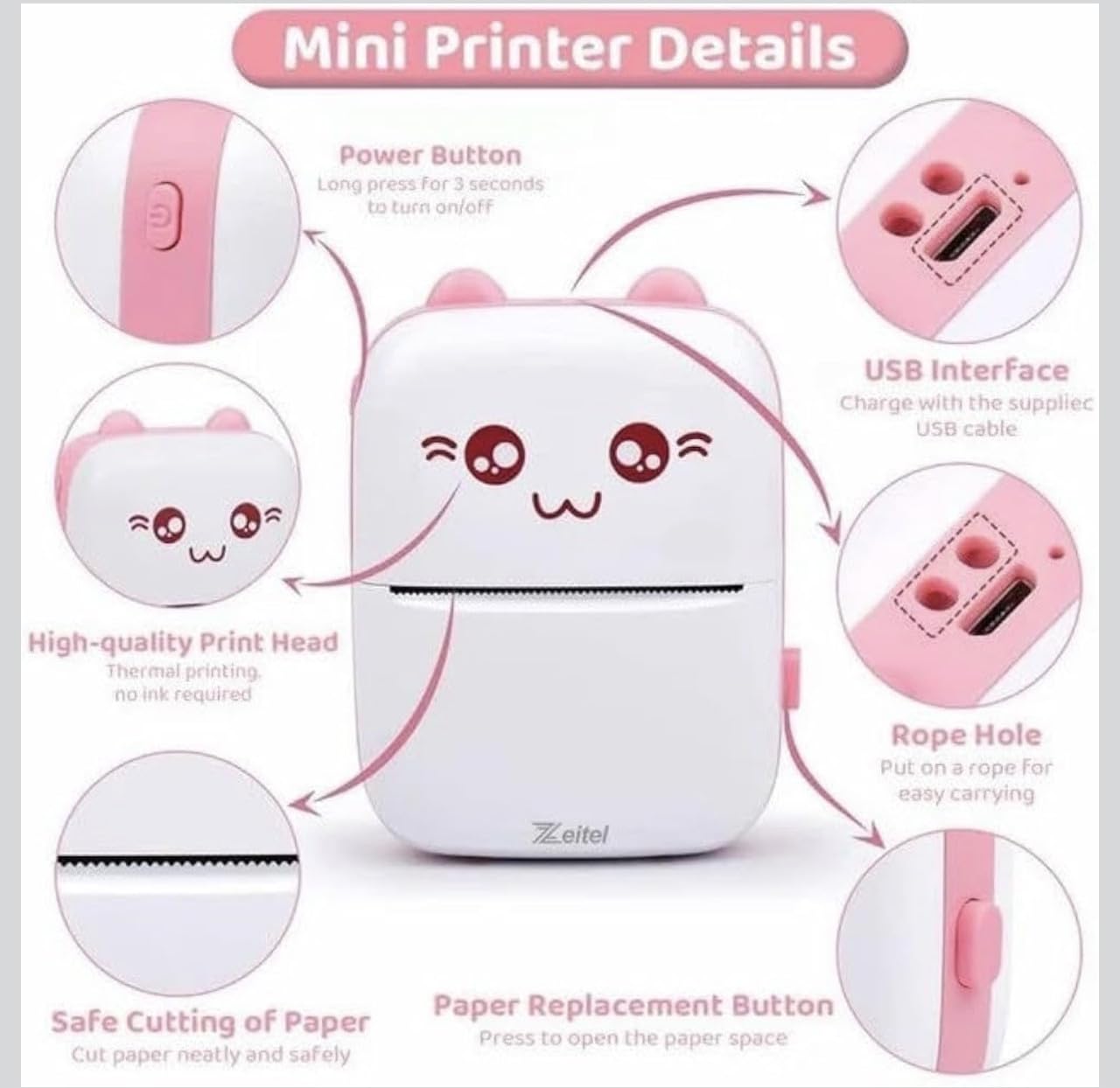 DOWNTOWN Cute Mini Thermal Printer – Inkless Bluetooth, Portable Black & White Printer for Notes, Stickers & Learning Fun (Pink)