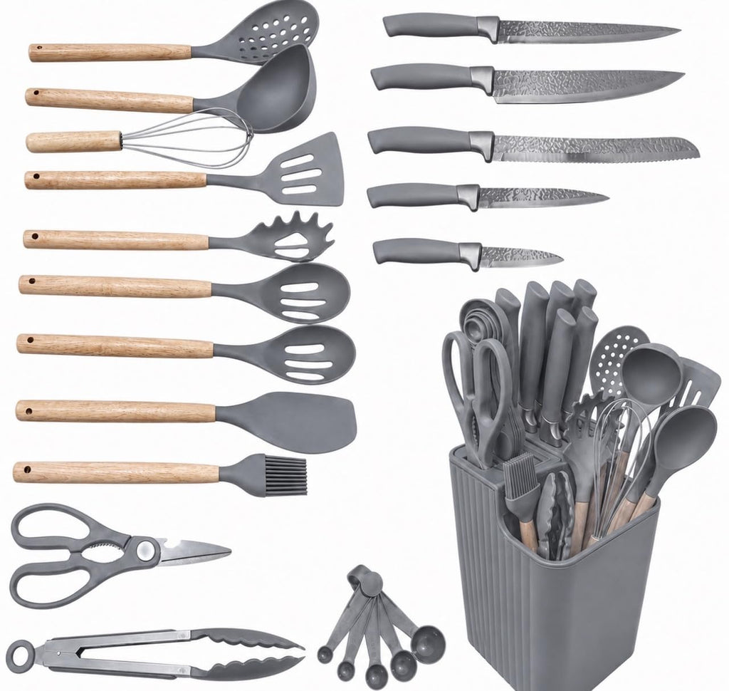 Downtown 21 Piece Kitchen Utensil Set with Rotating Holder Base, Grey Silicone Cooking Tools for Nonstick Cookware, Baking and Daily Meal Prep,Grey
