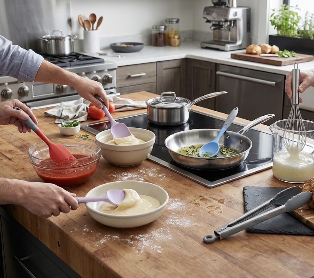 Downtown Mini Silicone Kitchen Utensil Set Compact Heat Resistant Cooking Tools with Stainless Steel Handles Small Non Stick Utensils Set for Kitchen Baking Mixing Durable Easy Storage