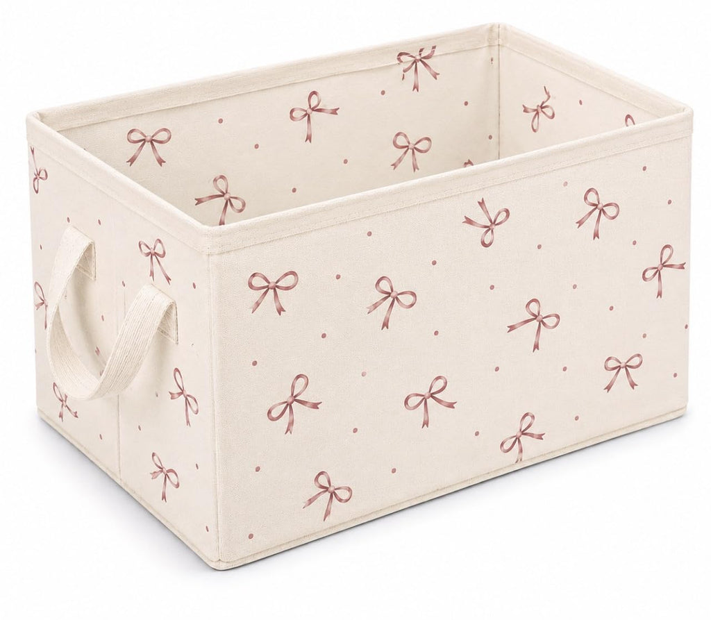 Downtown Foldable Fabric Storage Organizer Box with Handles, Pink Bow Closet Shelf Bin for Clothes Toys Towels and Home Organization
