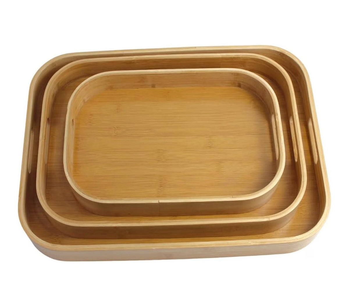 Downtown Bamboo Serving Tray Set of 3 with Handles, Natural Wood Finish
