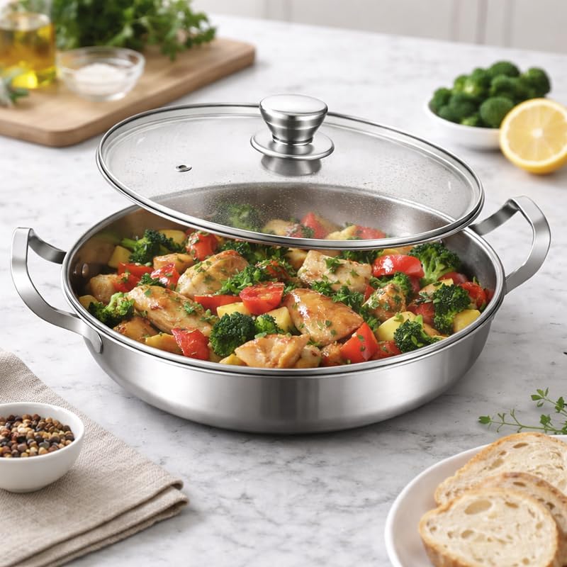 DOWNTOWN 30 cm Stainless Steel Soup Pot with Glass Lid – Large Cooking Pan with Handles, Durable Kitchen Cookware for Daily Cooking