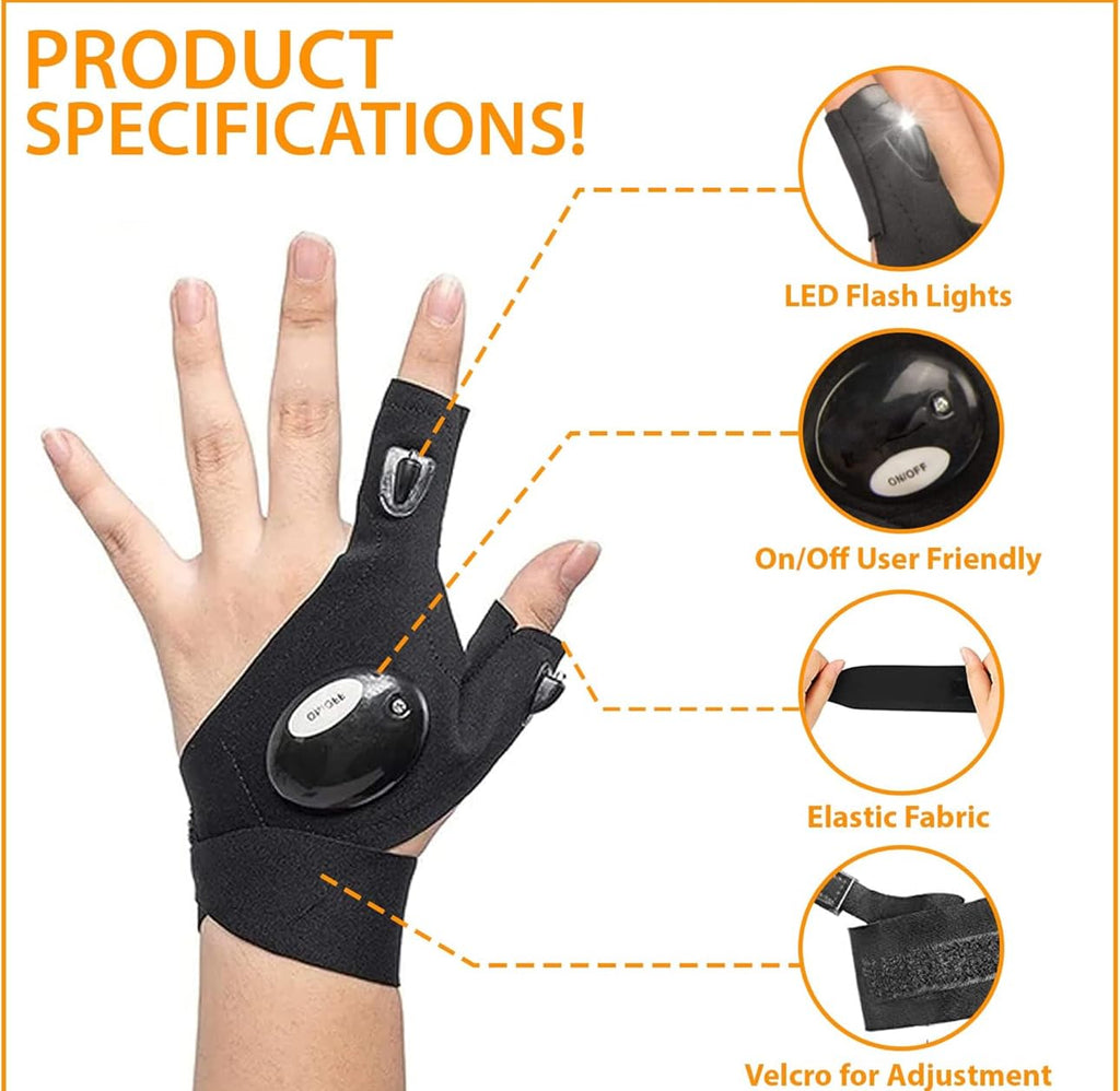 Downtown LED Work Gloves with Built-in Flashlight, Black Fingerless Light Glove, Elastic Waterproof Breathable Glove with Adjustable Velcro for Mechanics Plumbers and Handymen, One Glove