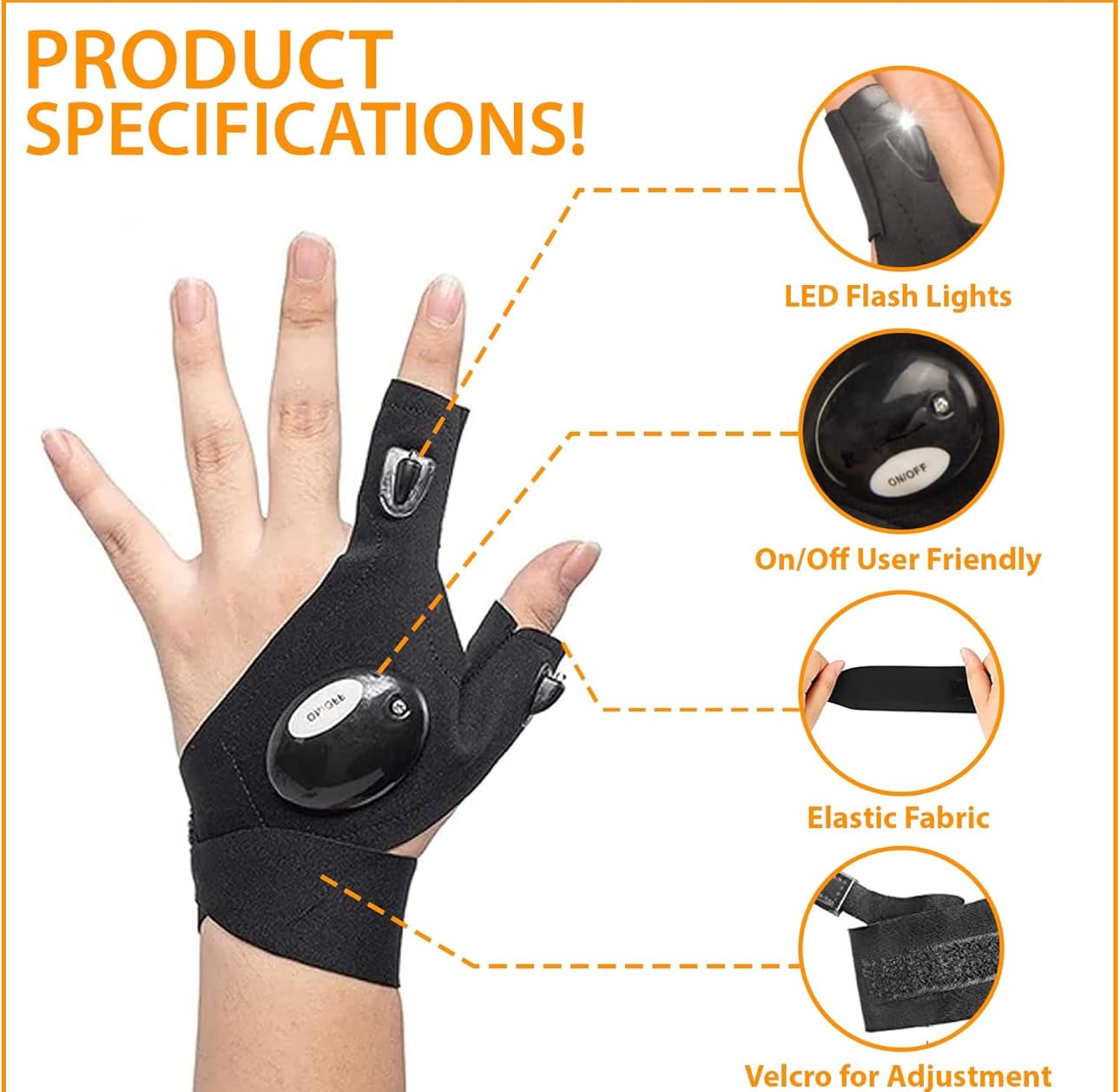 Downtown LED Work Gloves with Built-in Flashlight, Black Fingerless Light Glove, Elastic Waterproof Breathable Glove with Adjustable Velcro for Mechanics Plumbers and Handymen, One Glove