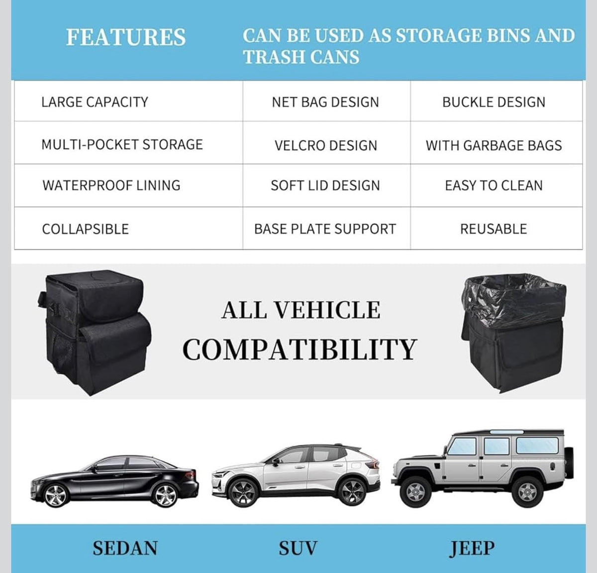 Downtown Car Seat Hanging Trash Bin Organizer Set of 2, Black Foldable Waterproof Storage Bags for Car Back Seat Organization