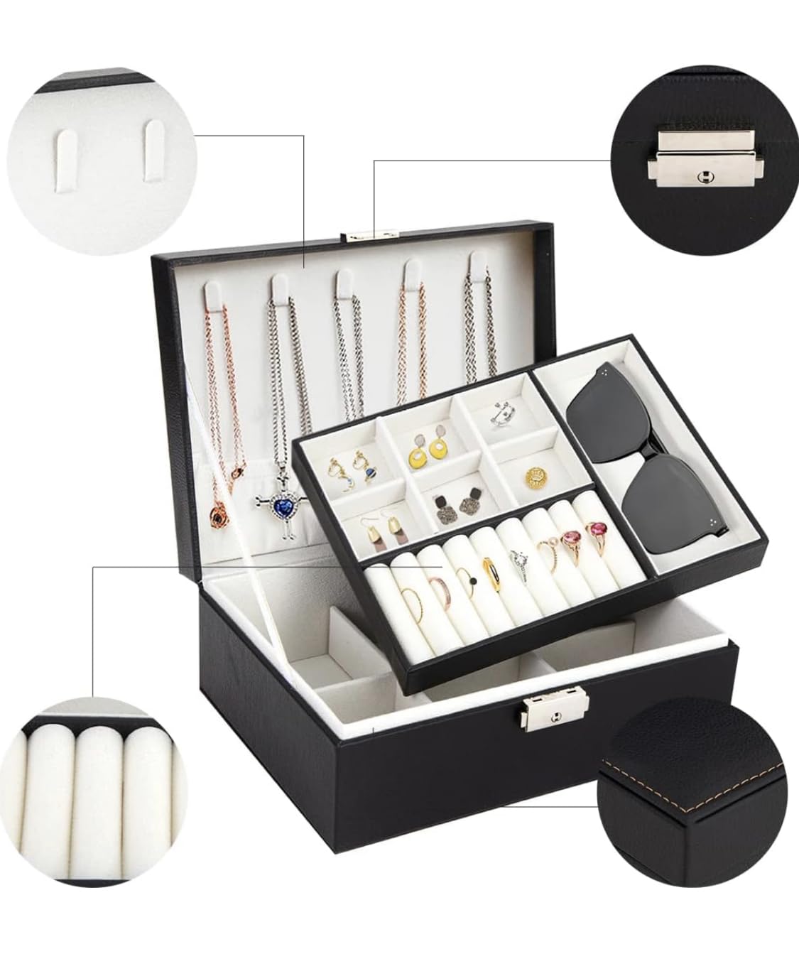 Downtown Black Leather Jewelry Box Organizer with Lock,2-Layer Removable Display Storage Travel Case