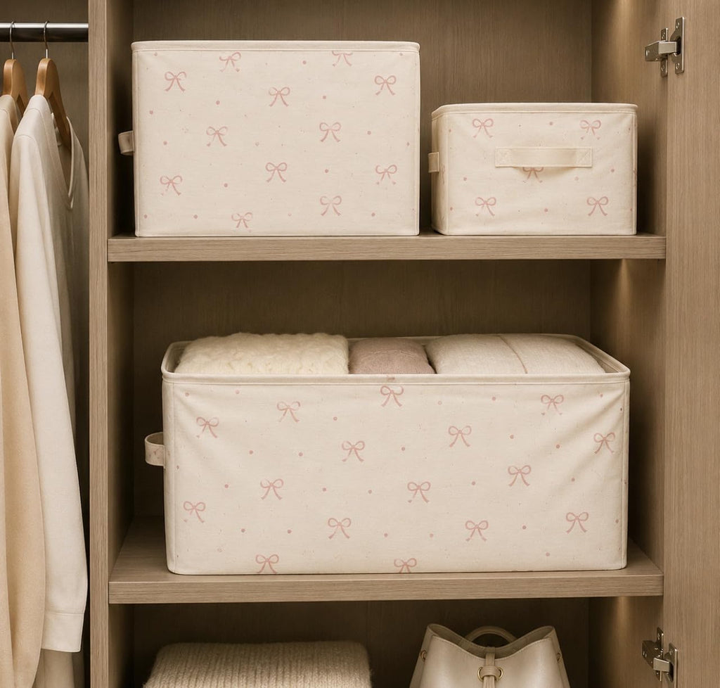 Downtown Foldable Fabric Storage Organizer Box with Handles, Pink Bow Closet Shelf Bin for Clothes Toys Towels and Home Organization