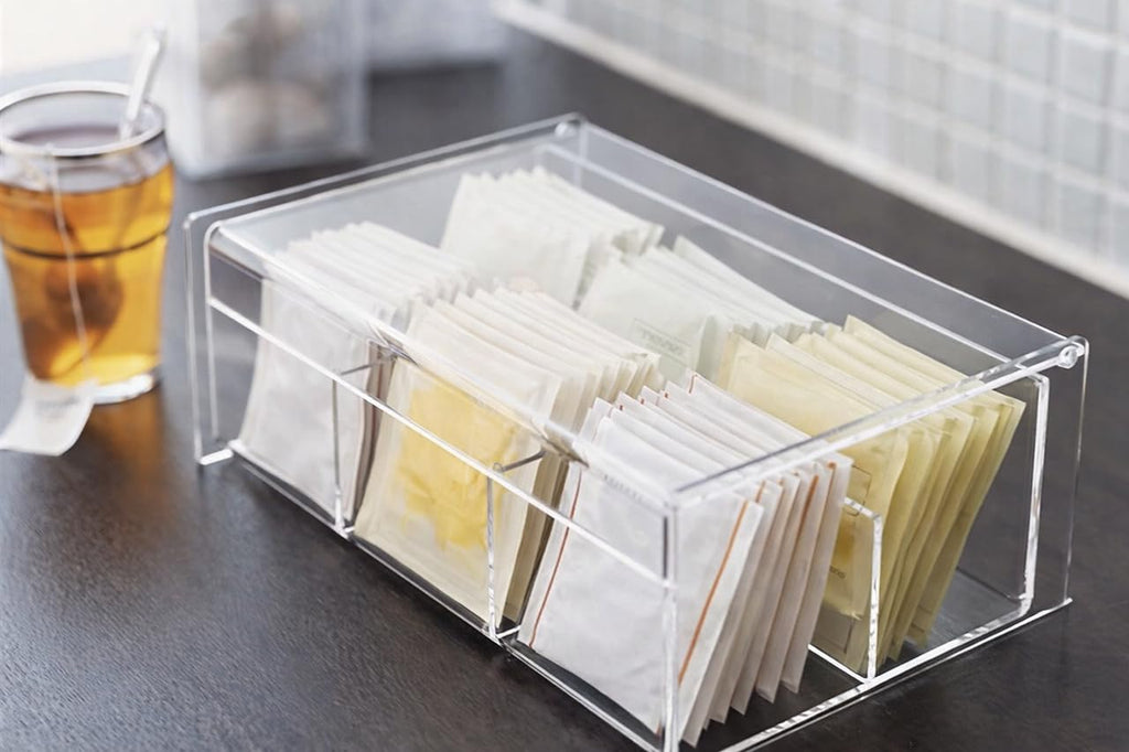 Downtown Acrylic Tea Bag Organizer Box with Lid 4 Compartment Clear Storage Container for Tea Bags Sugar Packets Coffee Pods Kitchen Counter Organizer