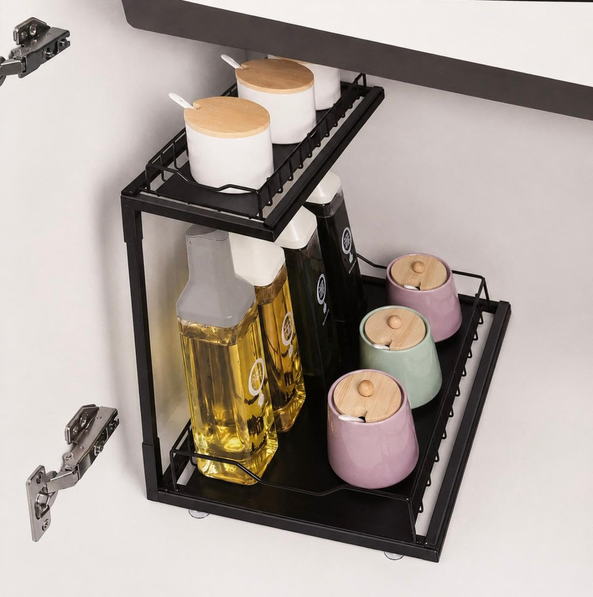 Downtown 2 Tier Under Sink Organizer Rack, Storage Shelf for Bathroom Kitchen Cabinet Cleaning Supplies Toiletries and Household Items