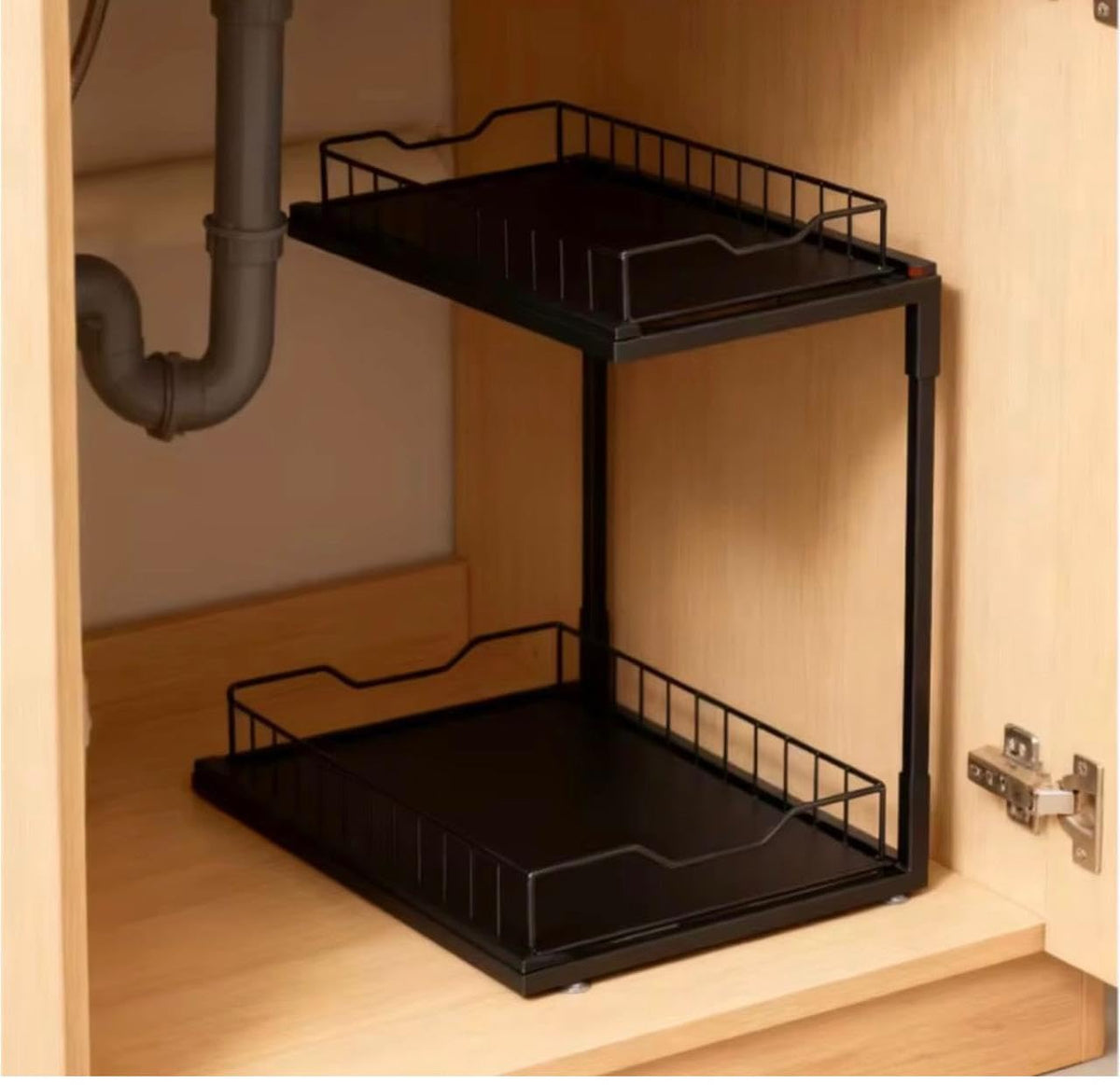 Downtown 2 Tier Under Sink Organizer Rack, Storage Shelf for Bathroom Kitchen Cabinet Cleaning Supplies Toiletries and Household Items