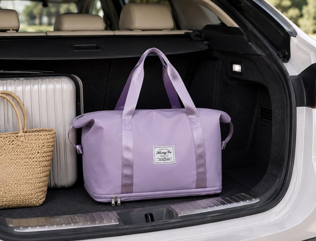 Downtown Purple Foldable Travel Duffel Bag, Large Capacity Weekend Tote, Lightweight Carry Bag for Luggage, Gym, Trips and Daily Travel Use