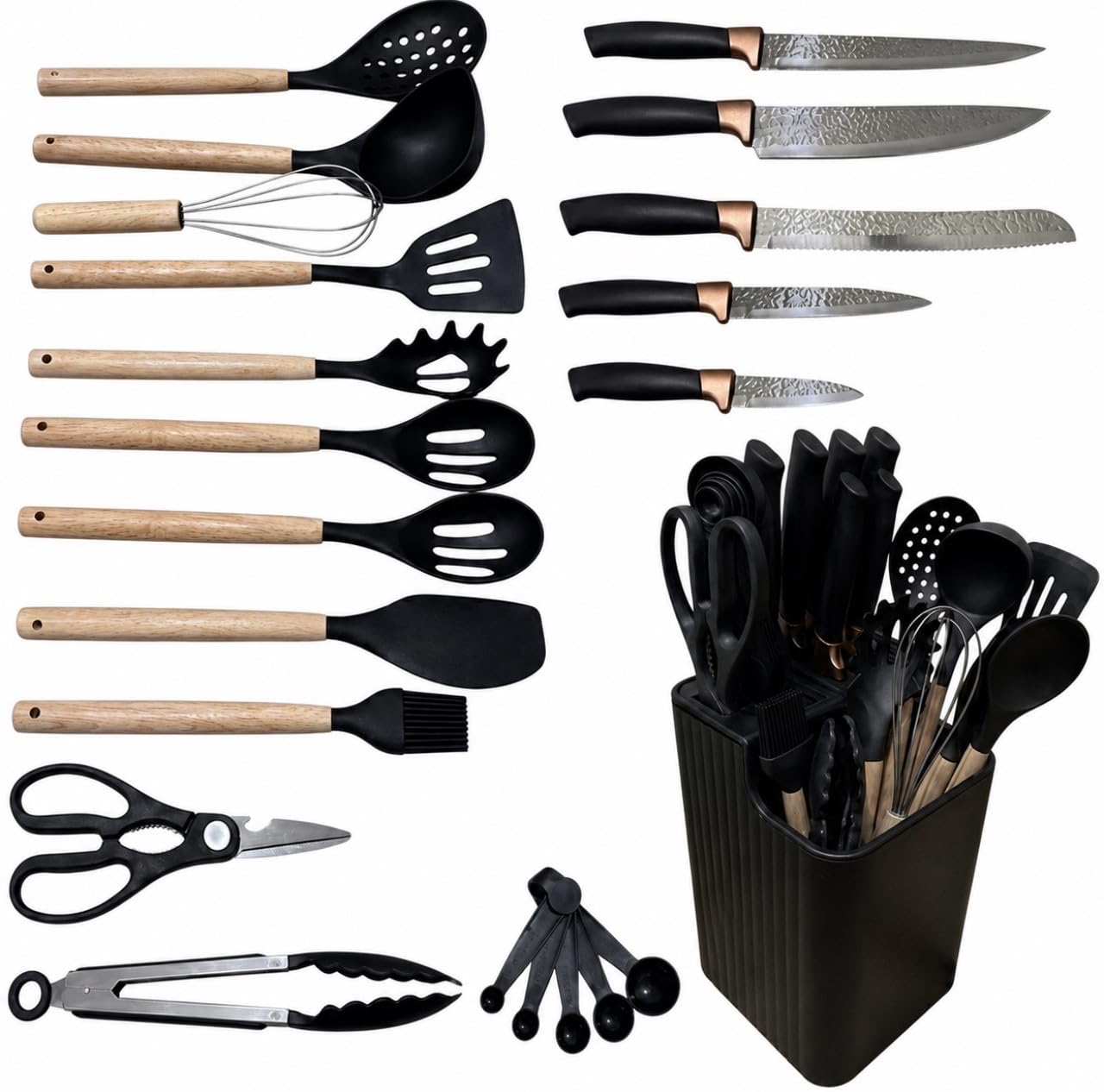 Downtown 21 Piece Kitchen Utensil Set with Rotating Holder Base, Grey Silicone Cooking Tools for Nonstick Cookware, Baking and Daily Meal Prep,Grey