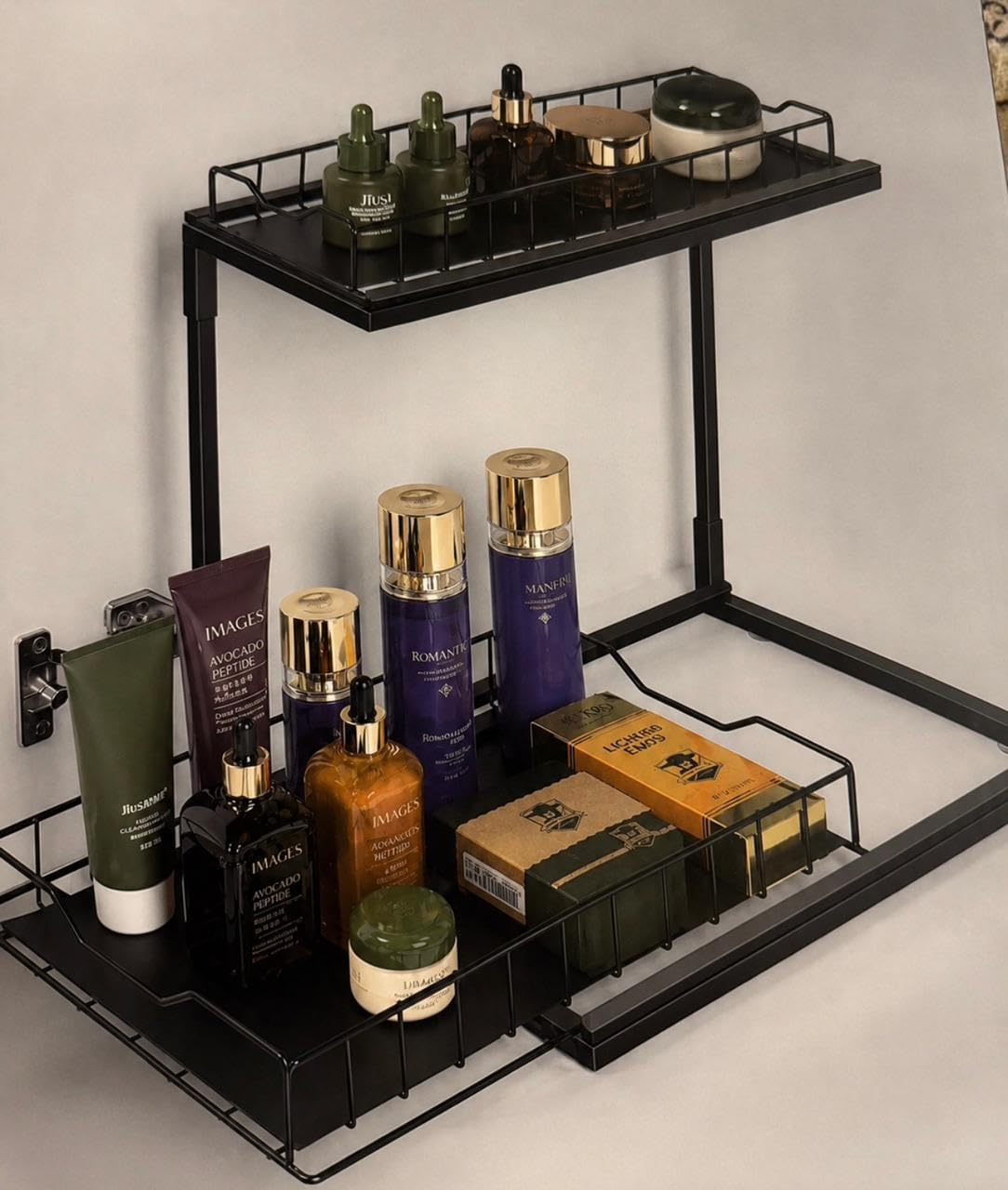 Downtown 2 Tier Under Sink Organizer Rack, Storage Shelf for Bathroom Kitchen Cabinet Cleaning Supplies Toiletries and Household Items