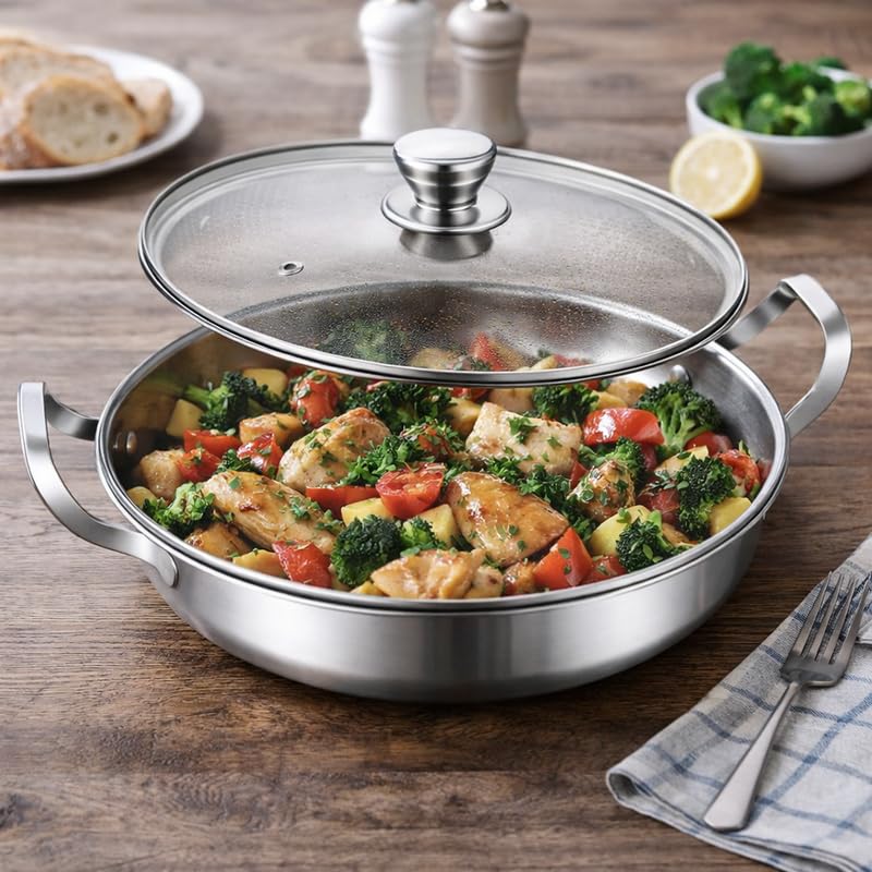 DOWNTOWN 30 cm Stainless Steel Soup Pot with Glass Lid – Large Cooking Pan with Handles, Durable Kitchen Cookware for Daily Cooking