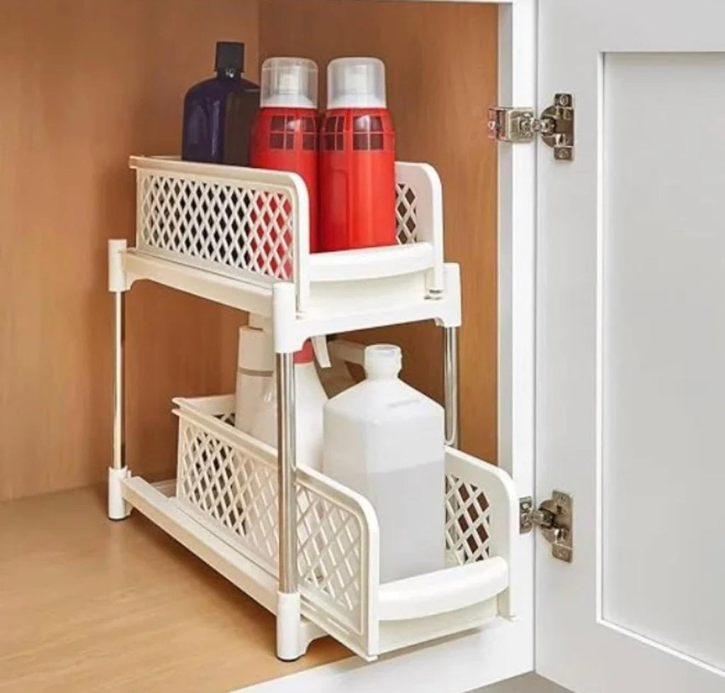 Downtown 2 Tier Sliding Basket Organizer Under Sink Storage Rack and Pull Out Cabinet Drawer for Kitchen and Bathroom White