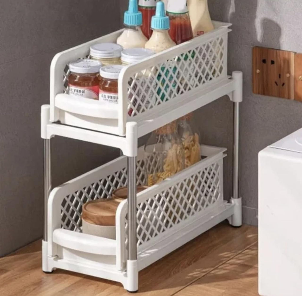 Downtown 2 Tier Sliding Basket Organizer Under Sink Storage Rack and Pull Out Cabinet Drawer for Kitchen and Bathroom White