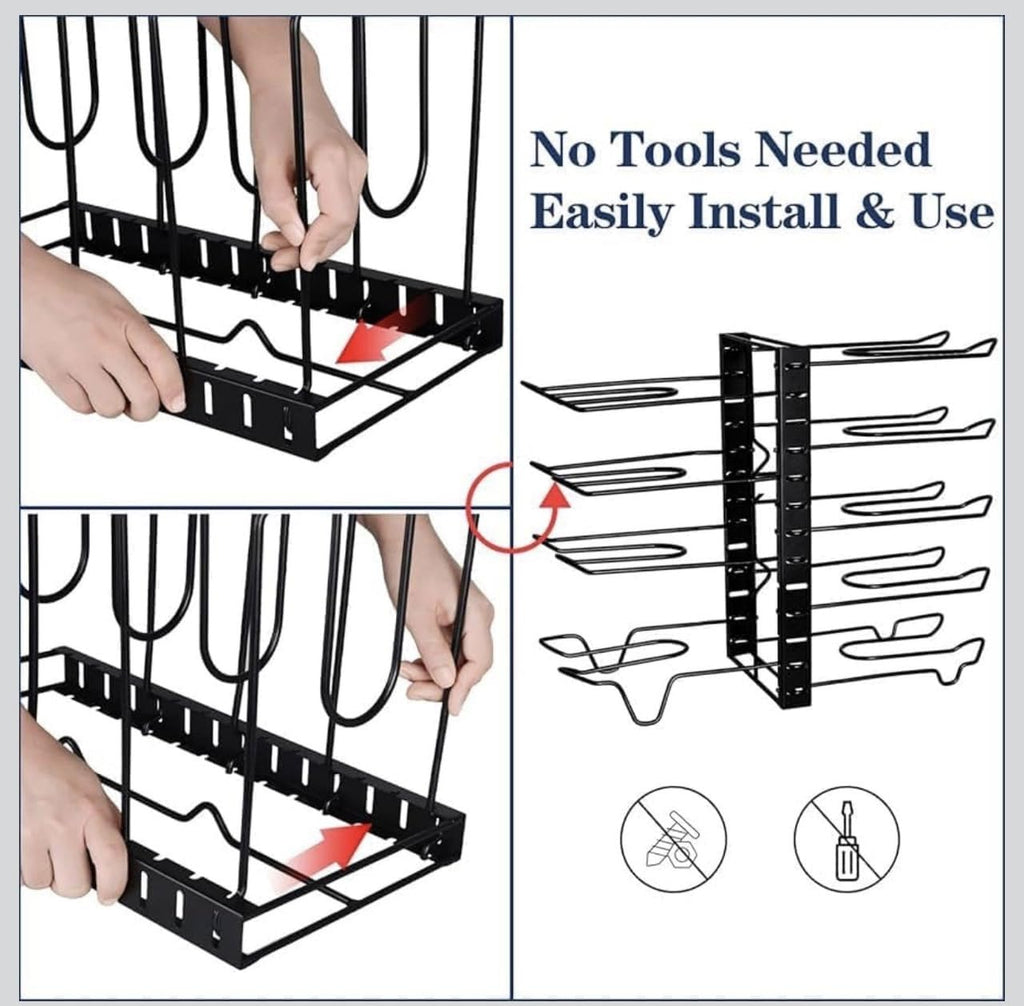 Downtown Adjustable Pot and Pan Organizer Rack Multi Tier Kitchen Cookware Holder for Cabinets Countertops or Upright Storage