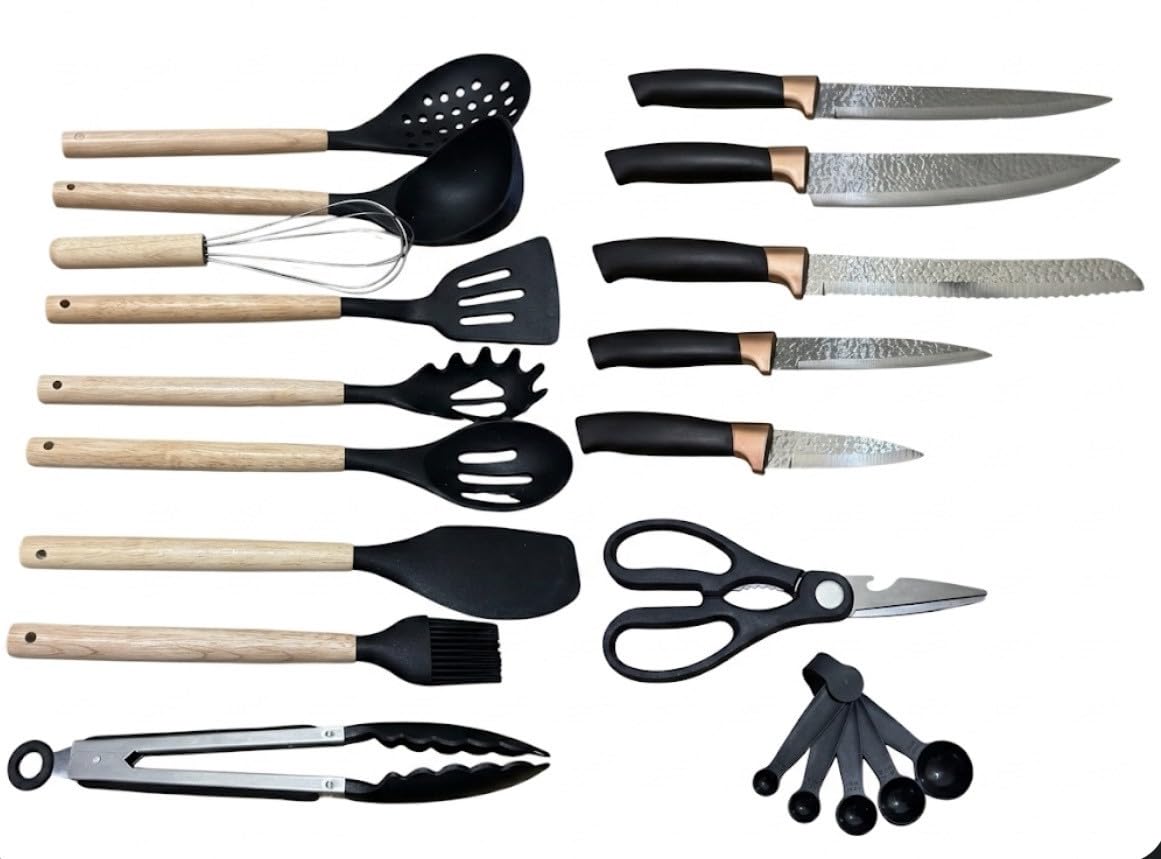 Downtown 21 Piece Kitchen Utensil Set with Rotating Holder Base, Grey Silicone Cooking Tools for Nonstick Cookware, Baking and Daily Meal Prep,Grey