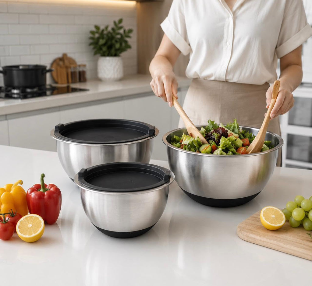 Downtown Stainless Steel Mixing Bowl Set with Airtight Lids, Kitchen Prep Bowls for Mixing Serving Storing Baking Cooking and Salads