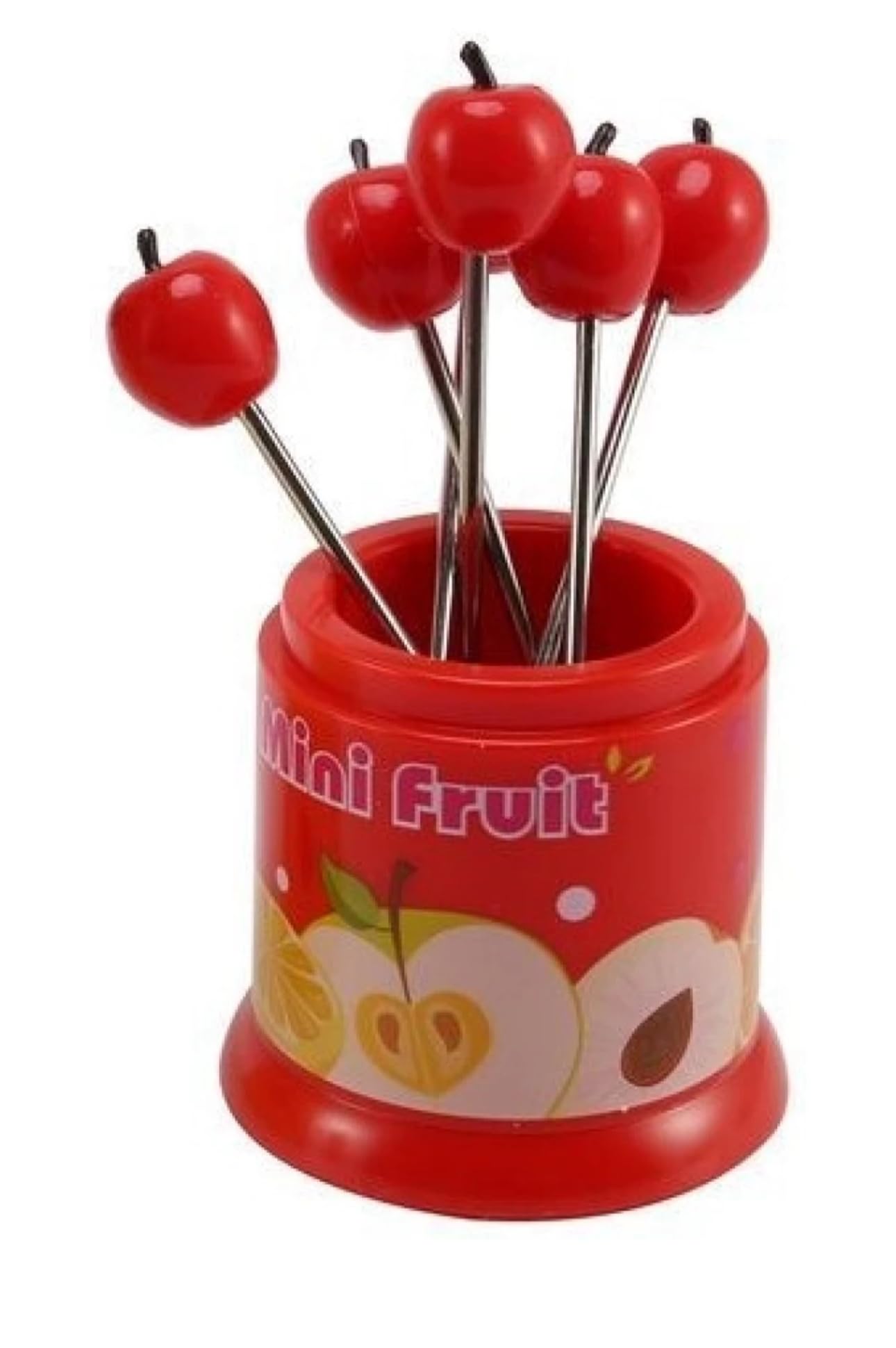 Downtown Mini Fruit Fork Set with Apple Design, 6 Piece Small Fruit Forks with Decorative Red Holder Stand for Fruits Salad Cheese Snacks and Dessert Serving