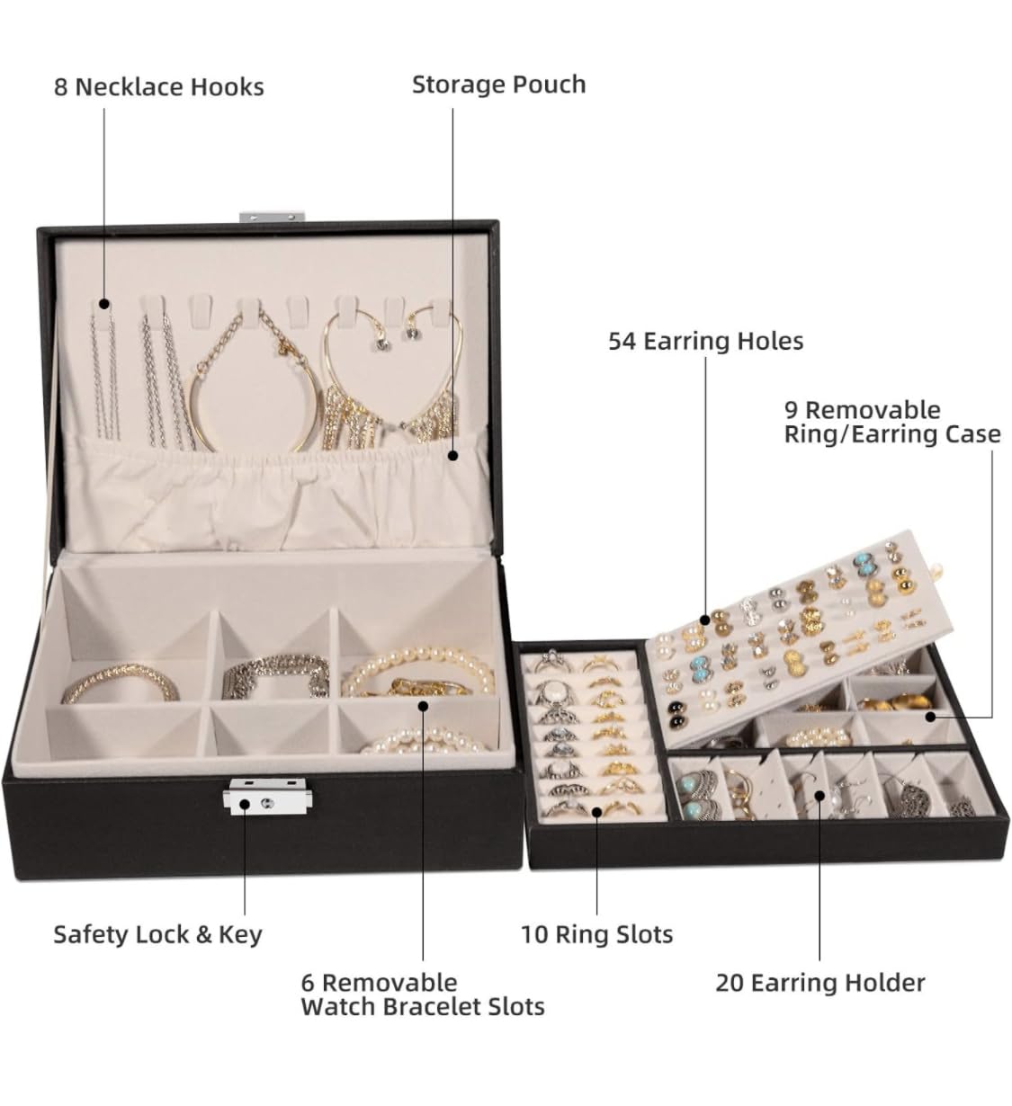 Downtown Black Leather Jewelry Box Organizer with Lock,2-Layer Removable Display Storage Travel Case